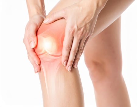 Highlighted area of knee pain spreading to surrounding regions, shown as a glowing spot within a semi-transparent knee on a white backdrop. photo