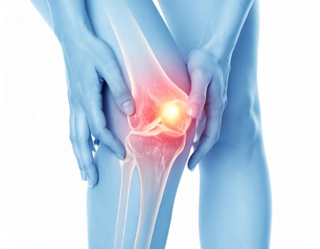 Highlighted area of knee discomfort spreading to surrounding regions, shown as a luminous spot on a semi-transparent knee illustration against a white backdrop. photo