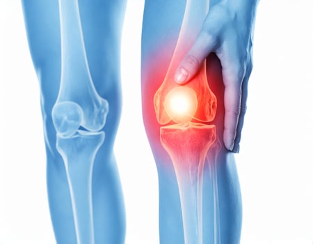 Highlighted area showing knee pain spreading to surrounding regions in a semi-transparent knee illustration on a white backdrop photo