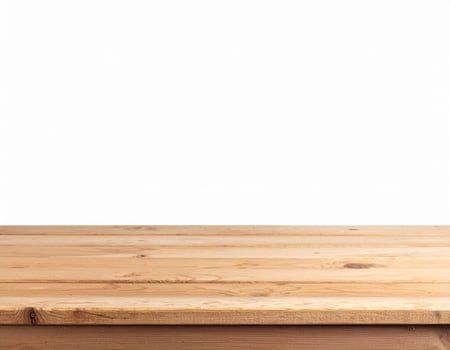 Wooden tabletop display setup against a plain white backdrop, a natural wood surface mock-up for presentations photo