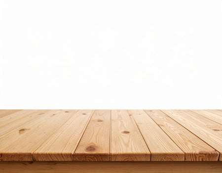 Wooden tabletop display setup against a plain white backdrop, a natural wood table mockup for presentations photo