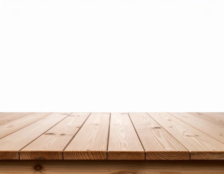 Wooden tabletop display on a plain white backdrop natural wood surface mockup for presentations photo