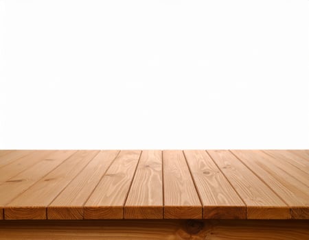 Wooden surface stage mockup on a white backdrop, ideal for presentation templates featuring a natural wood table top photo