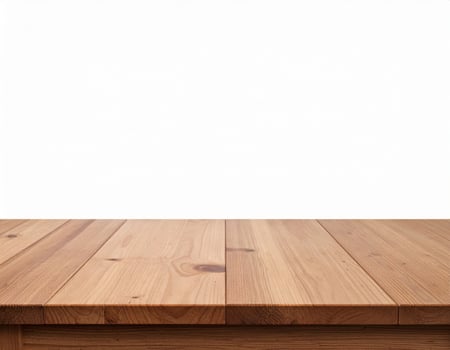 Wooden tabletop display setup against a white backdrop, a natural wood table mockup for presentations photo