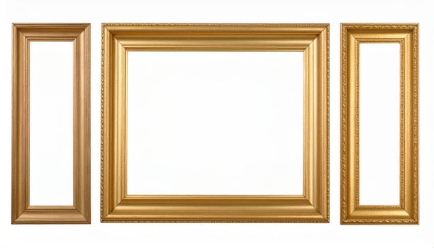 Mockup of gold frames featuring blank white canvases set against a white background photo