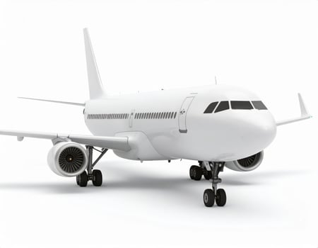 3D white airplane model against a plain white backdrop photo