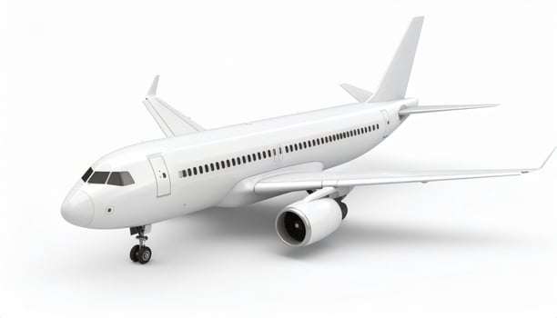 3D white airplane model displayed on a plain white backdrop photo