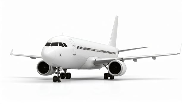 3D white airplane silhouette against a plain white backdrop photo