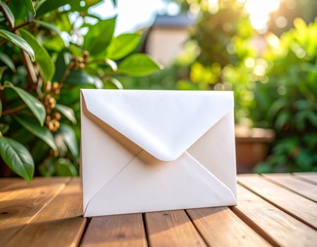Blank envelope mockup placed on a wooden office desk photo