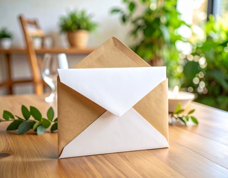 Blank envelope mock-up resting on a wooden office desk photo