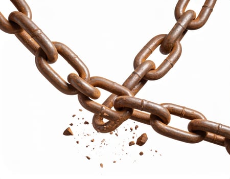 Broken chain over white background, freedom or broken connections concept photo
