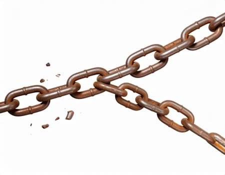 Fragmented chain against a white backdrop, symbolizing lost freedom or severed links photo