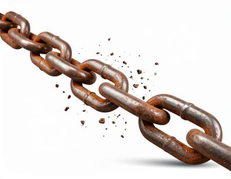Fractured chain against a white backdrop, symbolizing lost links or freedom from bonds photo