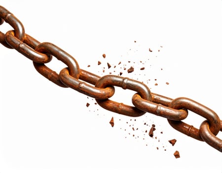 Damaged chain against a white backdrop, symbolizing broken links or lost freedom photo