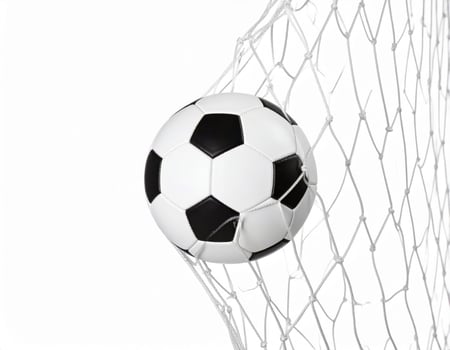 Soccer ball in the net over white background, football sports game scoring photo
