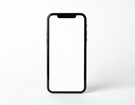 Mockup of a smartphone displaying a plain white screen against a white backdrop photo