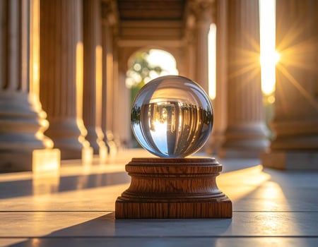 Magic glass orb for divination against a sunset glow background photo