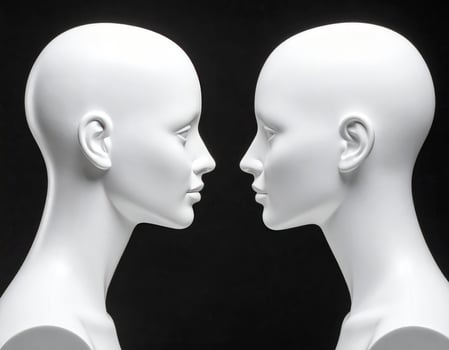 Two mannequin heads talking over black background, talking heads concept photo