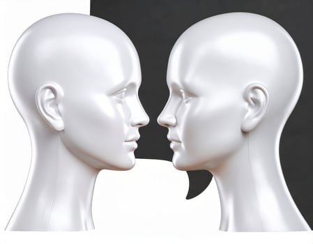 Two mannequins engaged in conversation against a dark backdrop, showcasing a talking heads theme photo