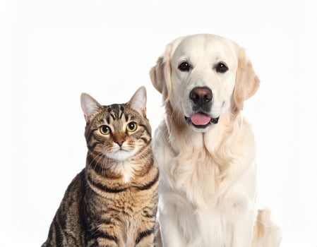 Dog and cat friendship portrait over white background photo