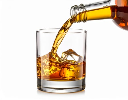 Streaming whisky into a glass against a plain white backdrop photo
