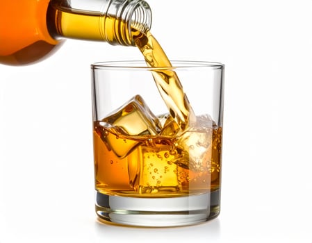 Picturing whisky being poured into a glass against a plain white backdrop photo