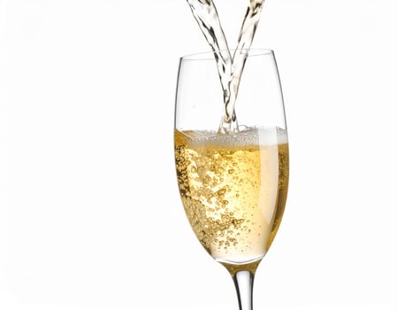 Champagne being poured into a glass against a plain white backdrop photo