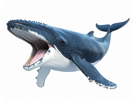 A whale swimming against a white backdrop photo