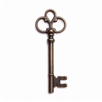 Vintage metallic key on a plain white backdrop photo