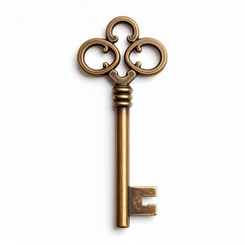 Vintage metal key placed against a plain white backdrop photo
