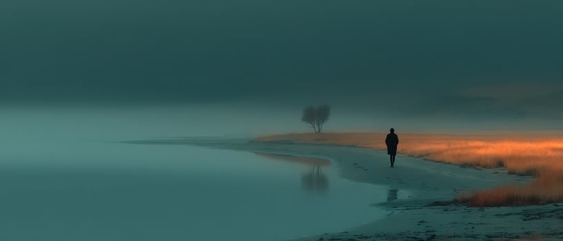 Solitary walk along foggy lakeside at dawn photo