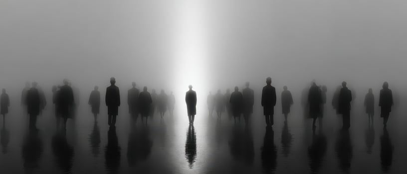 Silhouettes in fog at twilight photo