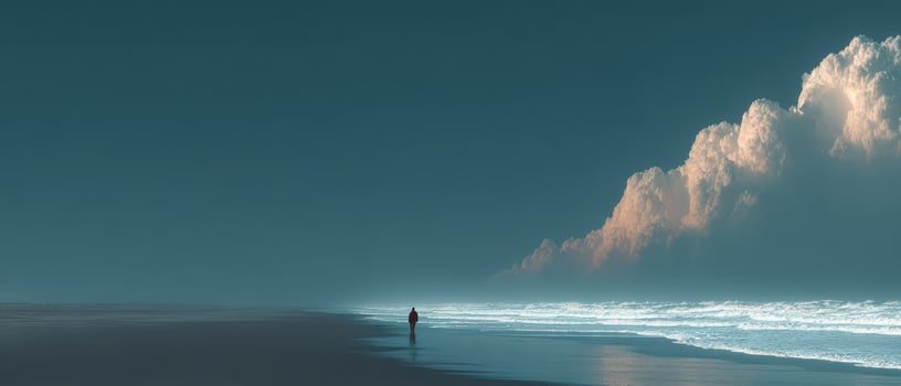 Solitary person walking along serene beach at dusk photo