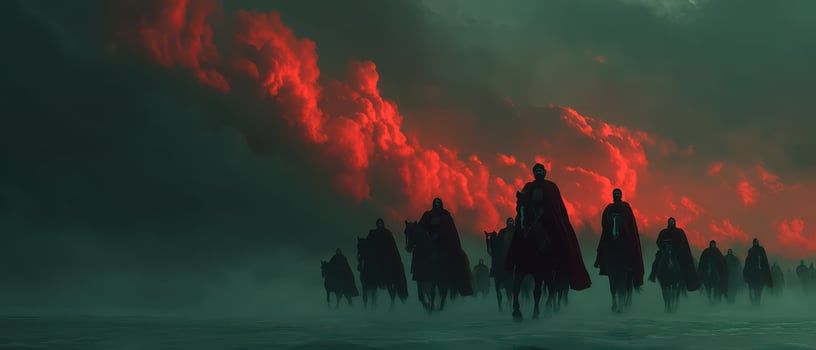 Warriors riding through a fiery landscape at dusk photo