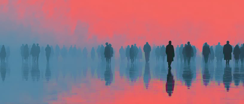 People walking in a misty landscape at dusk photo