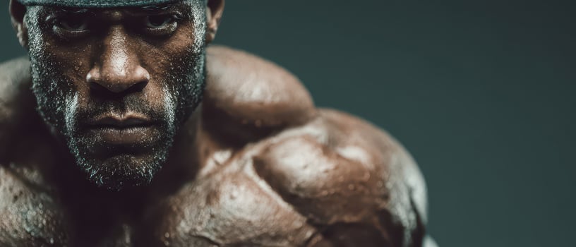 Muscular athlete posing intensely during a workout photo