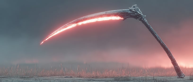 Mysterious glowing scythe in an empty landscape photo