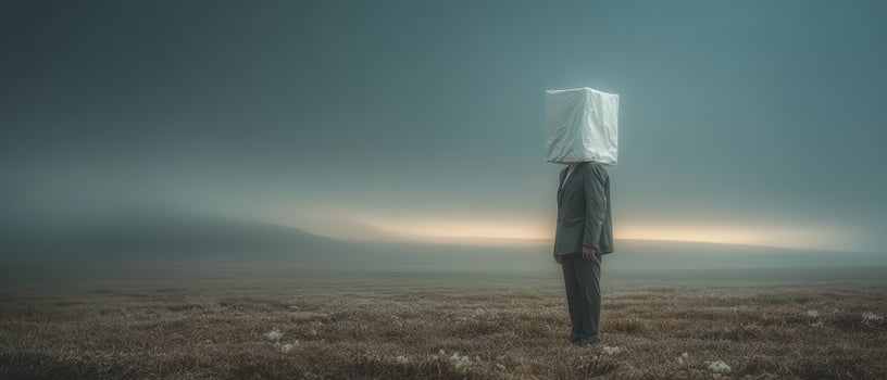 Man stands alone in fog with a box on his head photo