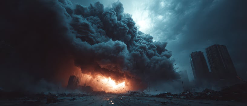 Fire and smoke engulf cityscape during disaster photo