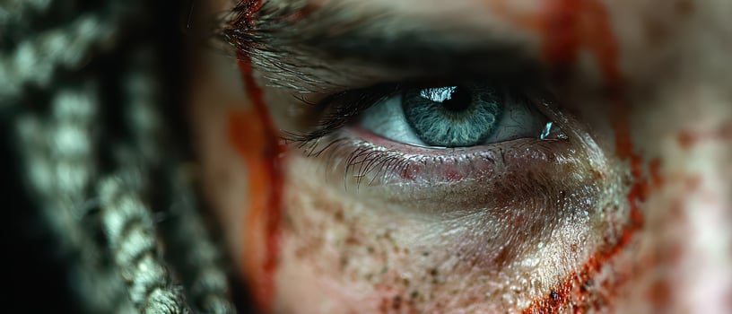 Intense gaze of a warrior marked by battle scars photo