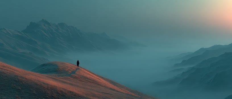 Sunrise mountain view with hiker photo