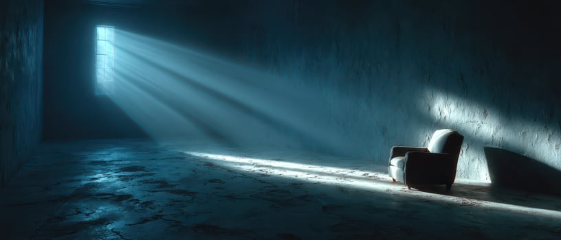 Soft light hits an empty chair in dark photo