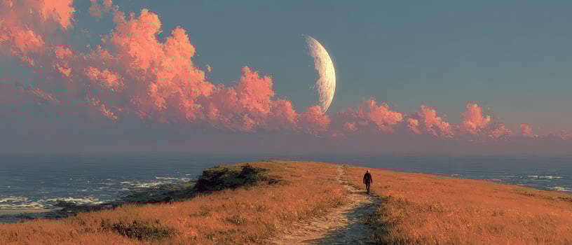 Man walks along a grassy path under a colorful sky photo