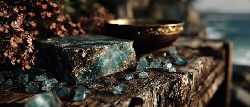 Blue crystals on rustic wood table photo