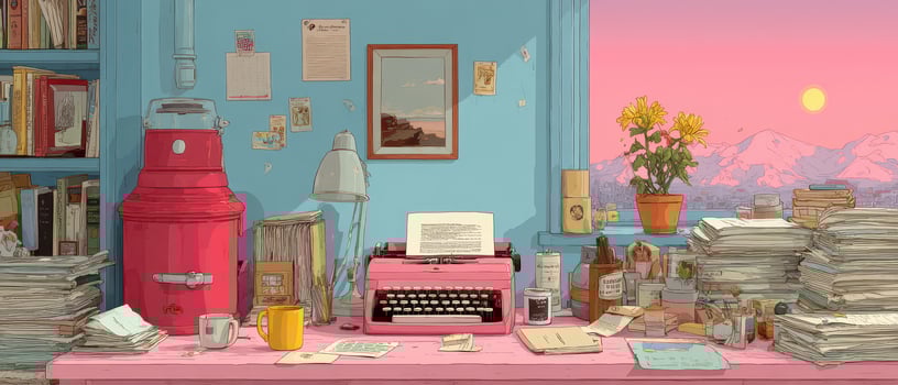 Book filled creative workspace with typewriter photo