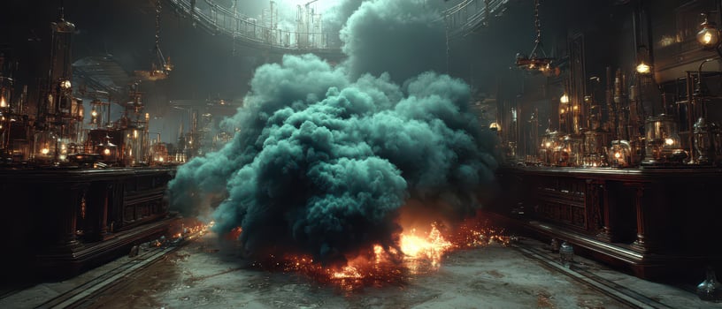 Smoke and fire in a dimly lit laboratory photo