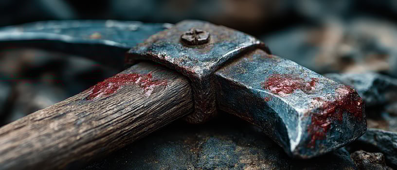 Rusty pickaxe with red stains on rocky surface photo