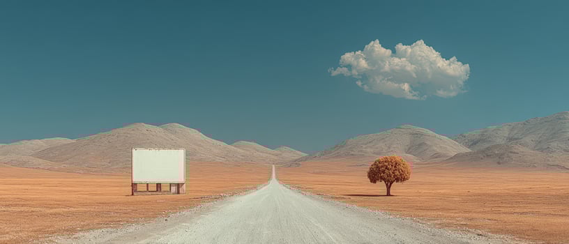 Road through a desolate landscape with signage photo