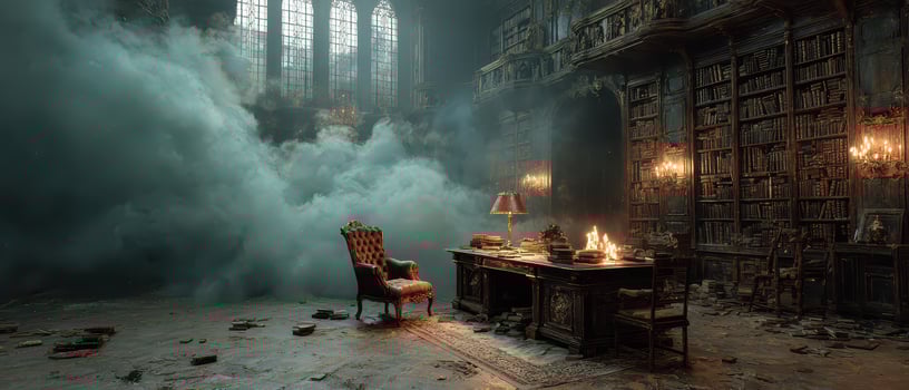 Mysterious library with smoke and dim lighting photo