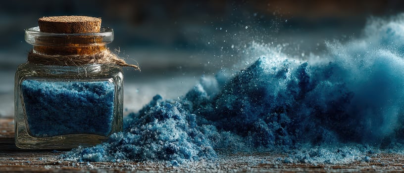 Blue salt in a jar with scattered grains photo